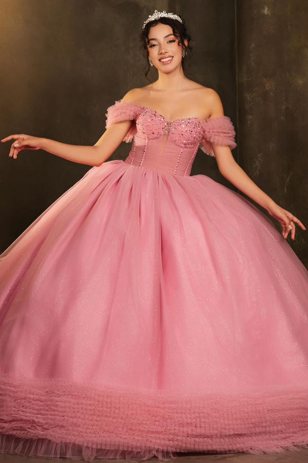 Off Shoulder Tulle Ruffle Cathedral Length Quinceanera Ball Gown